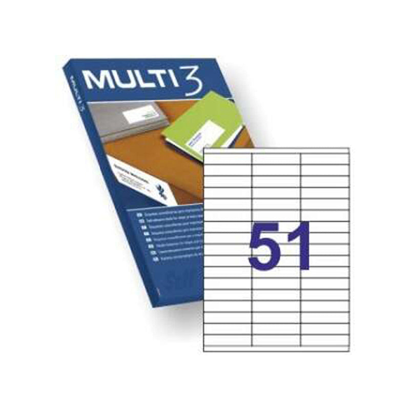 Multi3 Pack de 5100 Etiquetas Blancas Tamaño 70x16.9mm - 100 Hojas x 51 Etiquetas - Aptas para Imprimir Laser y Tinta