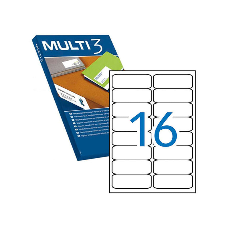 Multi3 Pack de 8.000 Etiquetas Tamaño 99.1x34mm - 500 Hojas por 16 Etiquetas - Adhesivo Permanente - Cantos Romos - Color Blanco