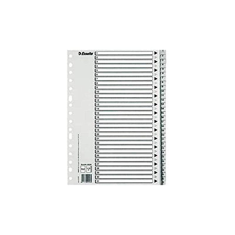 Esselte Bolsa de 25 Indices Numericos de Plastico - Pestañas 1 al 31 - Multitaladro - Formato A4 - Color Gris (25 unidades)
