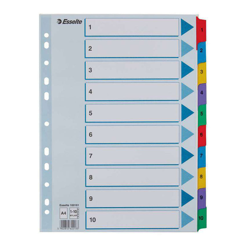 Esselte Indice de Carton con Pestañas Reforzadas - A4 - Numeradas 1-10 - Multicolor