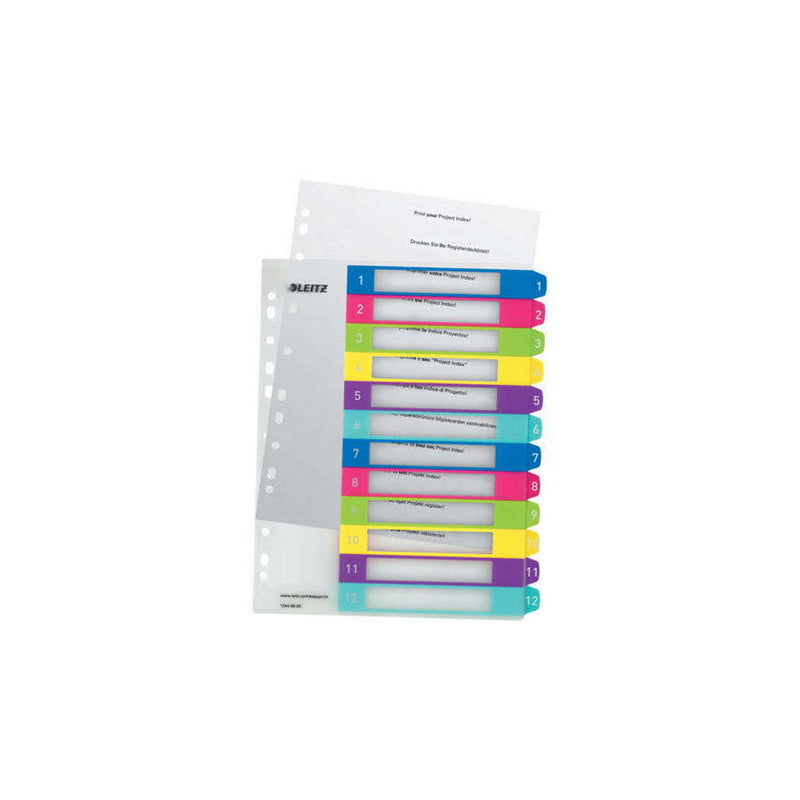 Leitz WOW Indice de Plastico Imprimible Multicolor 12 Pestañas - Multitaladro - Formato A4 - Color Translucido
