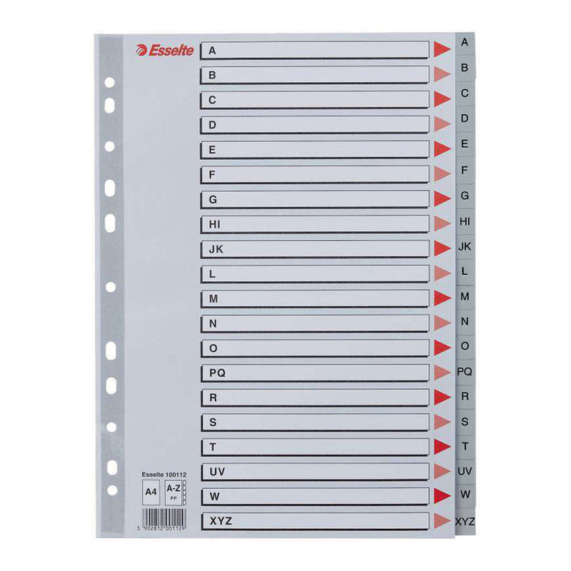 Esselte Indice Abecedario de Plastico con Caratula A4 - Tipo A-Z - Cartulina Indice: Carton Gris - Material PP - Tamaño A4 - Multitaladro - Presentacion en Bolsa Individual - Color Gris