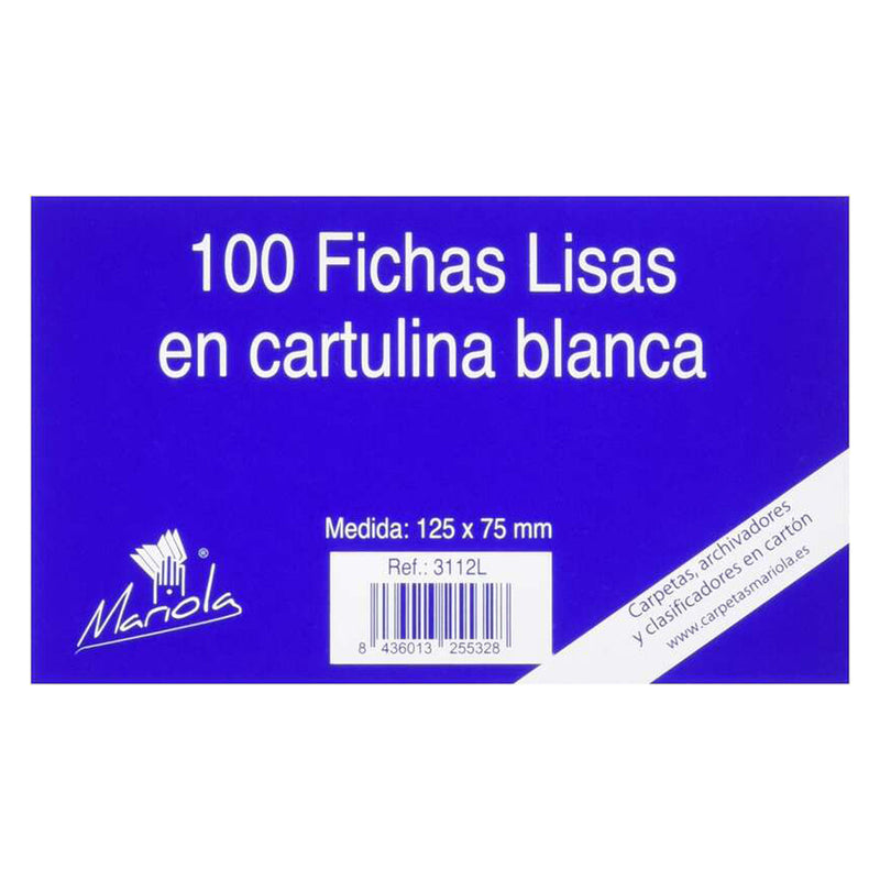 Mariola Pack de 100 Fichas Lisas Nº2 para Fichero - Medidas 125x75mm - Color Blanco