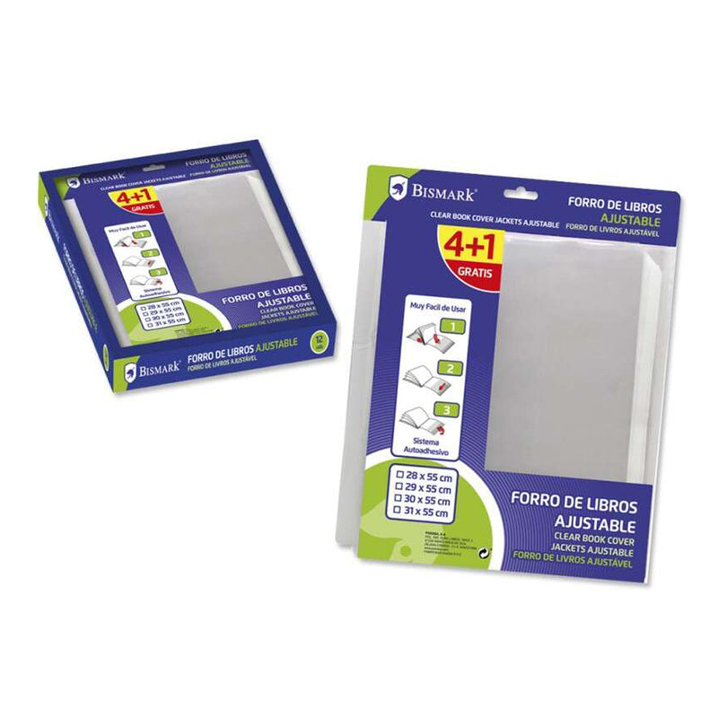 Bismark Pack de 5 Forros para Libros 280mm de Polipropileno - Solapa Ajustable - Facil Forrado en 3 Pasos - Sin Necesidad de Cortar ni Usar Cinta Adhesiva - Transparente