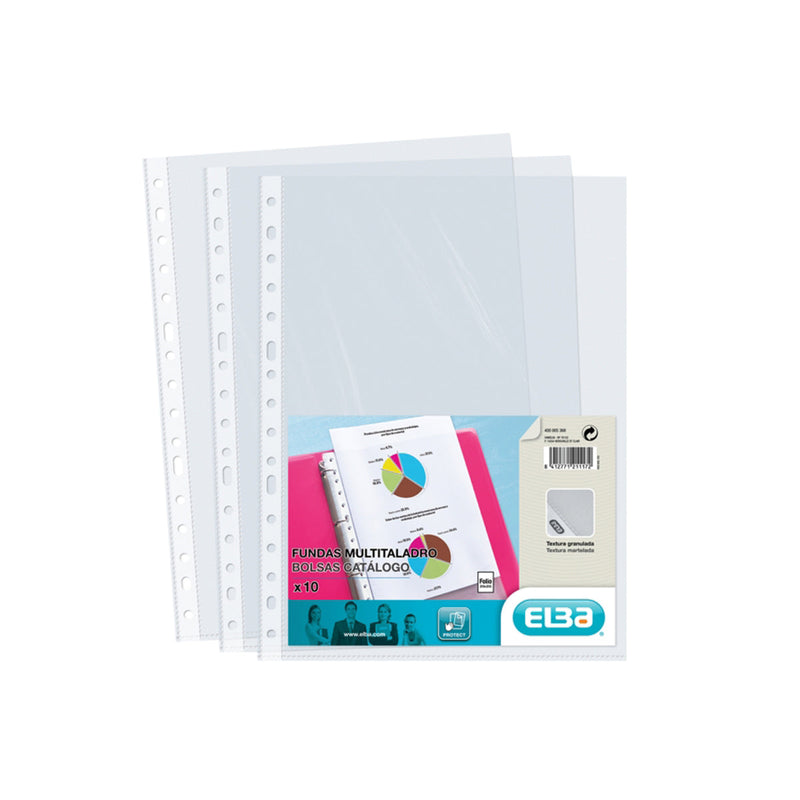 Elba Pack de 10 Fundas Multitaladro PP 90 Micras - Tamaño Folio - Acabado Piel Naranja - Transparente