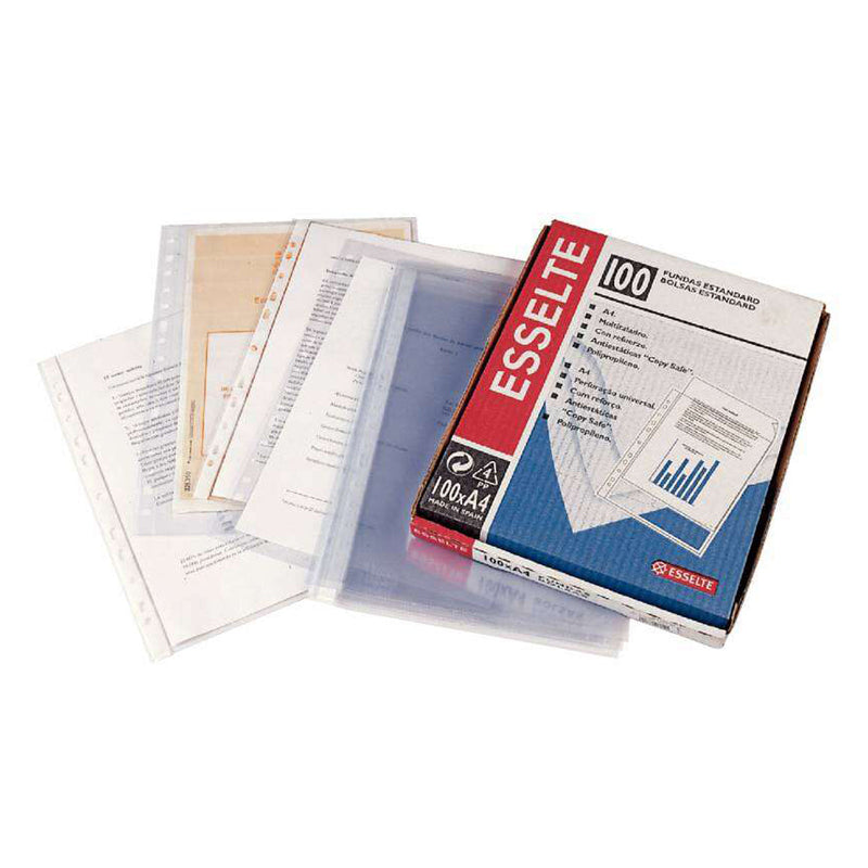 Esselte Pack de 100 Fundas Porta Documentos Multitaladro PVC - Tamaño A4 - Liso Calidad Estandar - Transparente