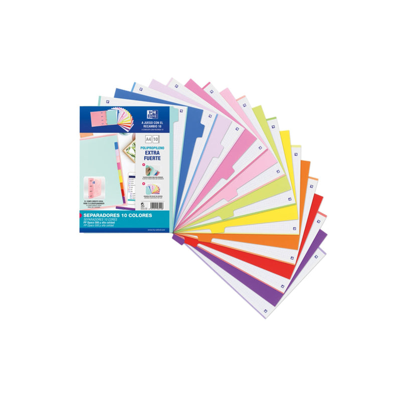 Oxford Strongline A4 Separadores - 10 Posiciones - Colores Diferentes - 4 Taladros - Plastico Opaco - 500 Micras