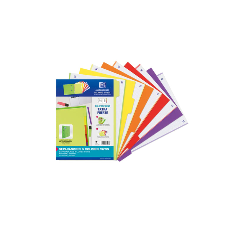 Oxford Strongline A4 Separadores 5 Posiciones - 4 Taladros - Plastico Opaco - 500 Micras - Colores Surtidos