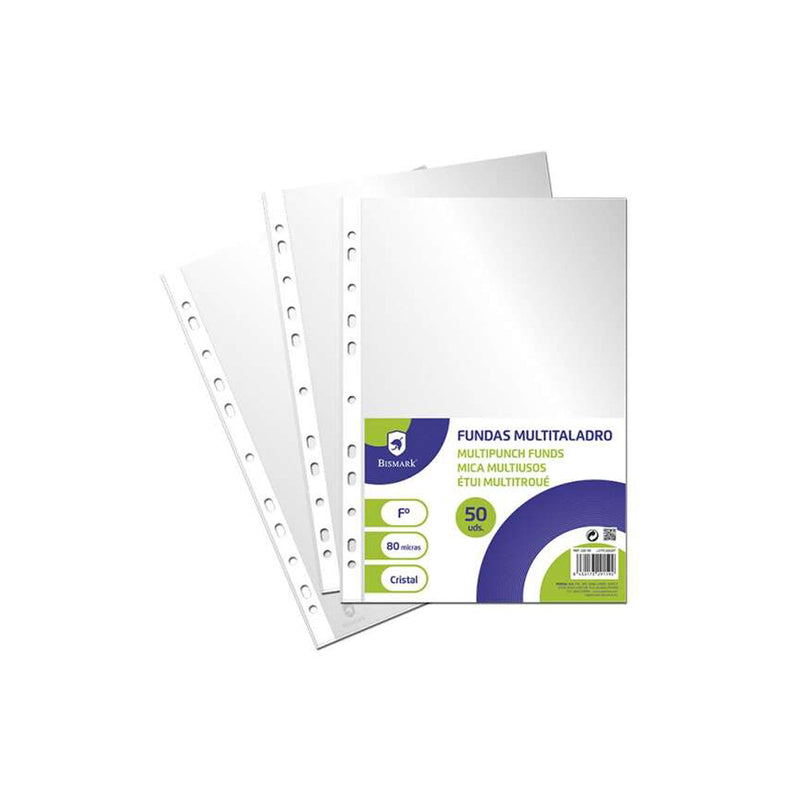 Bismark Pack de 50 Fundas Multitaladro Tamaño Folio 80 Micras - Acabado en Cristal - Ideal para Carpetas con Mecanismo de Anillas - Disponible en Varios Tamaños