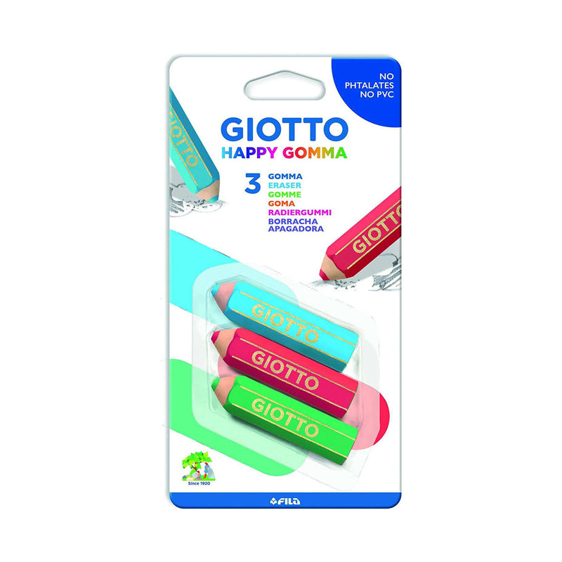 Giotto Happy Goma Pack de 3 Gomas de Borrar - Plastico - Colores Surtidos
