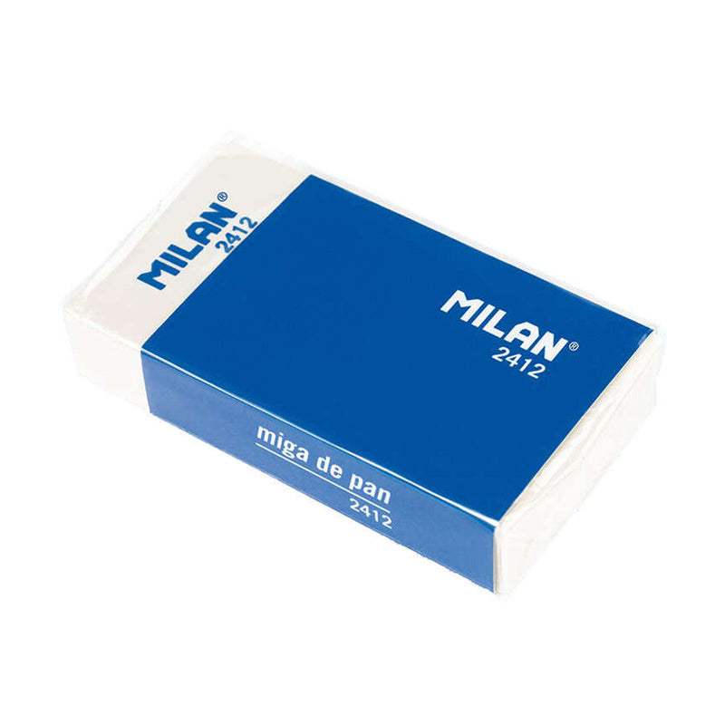 Milan 2412 Goma de Borrar Rectangular - Miga de Pan - Suave - Caucho Sintetico - Faja de Carton Azul - Envuelta Individualmente - Color Blanco