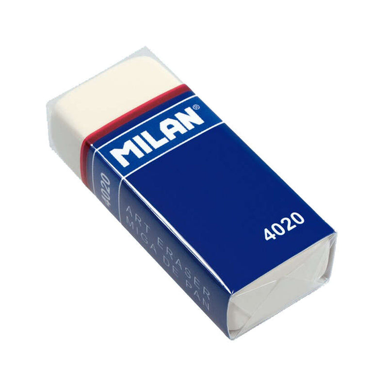Milan 4020 Goma de Borrar Rectangular - Miga de Pan - Suave Caucho Sintetico - Faja de Carton Azul - Envuelta Individualmente - Color Blanco