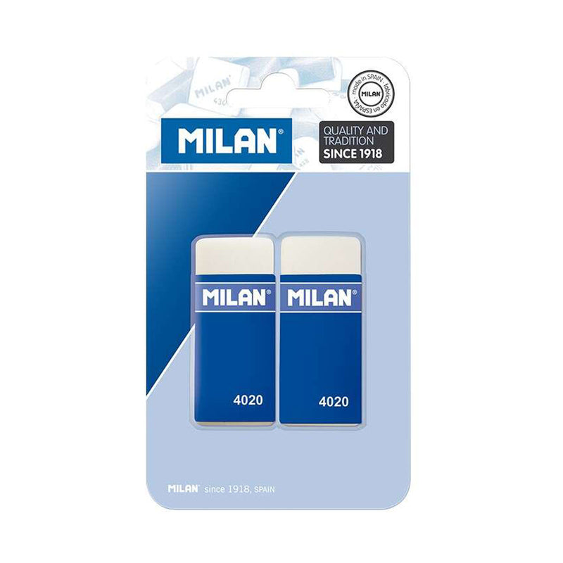 Milan 4020 Pack de 2 Gomas de Borrar Rectangulares - Miga de Pan - Suave Caucho Sintetico - Faja de Carton Azul - Color Blanco