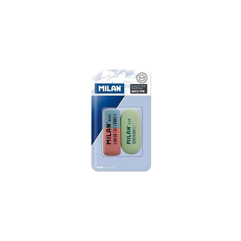Milan Pack de 2 Gomas de Borrar, 1xGoma 8020 Biselada Doble Intensidad + 1xGoma 118 Ovalada - Caucho Sintetico - Para toda Clase de Papeles - Colores Surtidos
