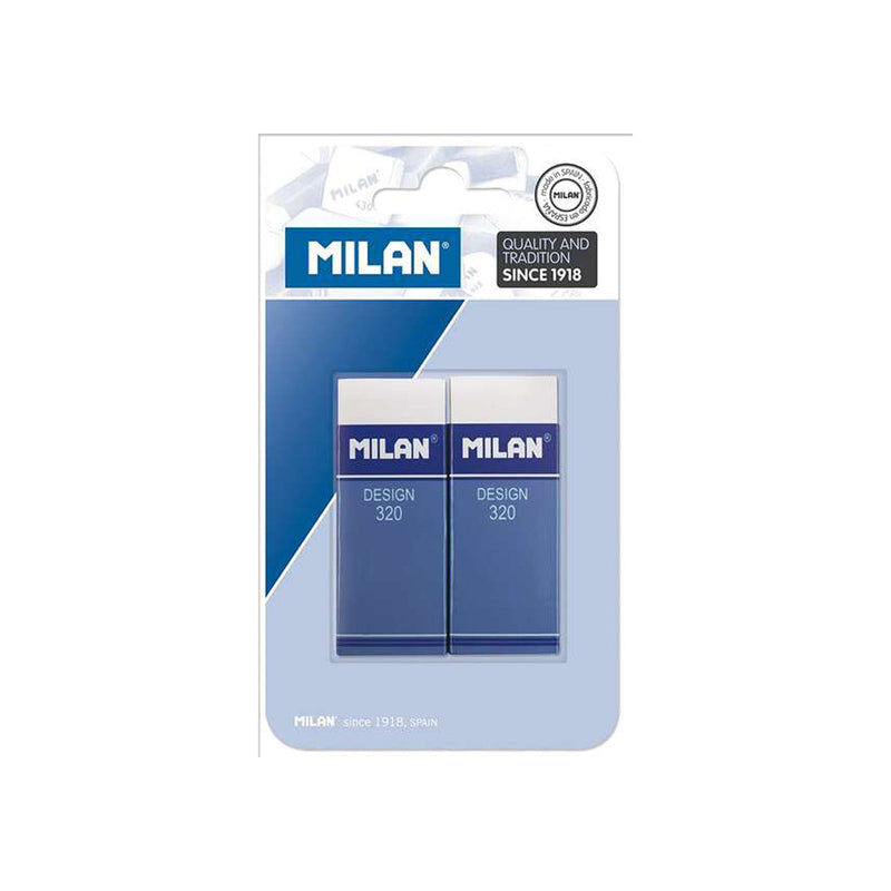 Milan Nata 320 Pack de 2 Gomas de Borrar Rectangulares - Plastico - Faja de Carton Azul - Todo tipo de Superficies - Color Blanco