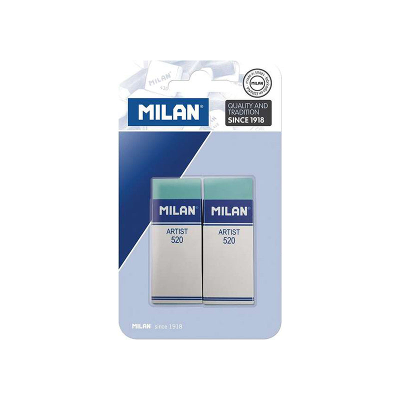Milan Nata 520 Artist Pack de 2 Gomas de Borrar Rectangulares - Plastico - Faja de Carton Blanca - No Daña el Papel - Color Verde