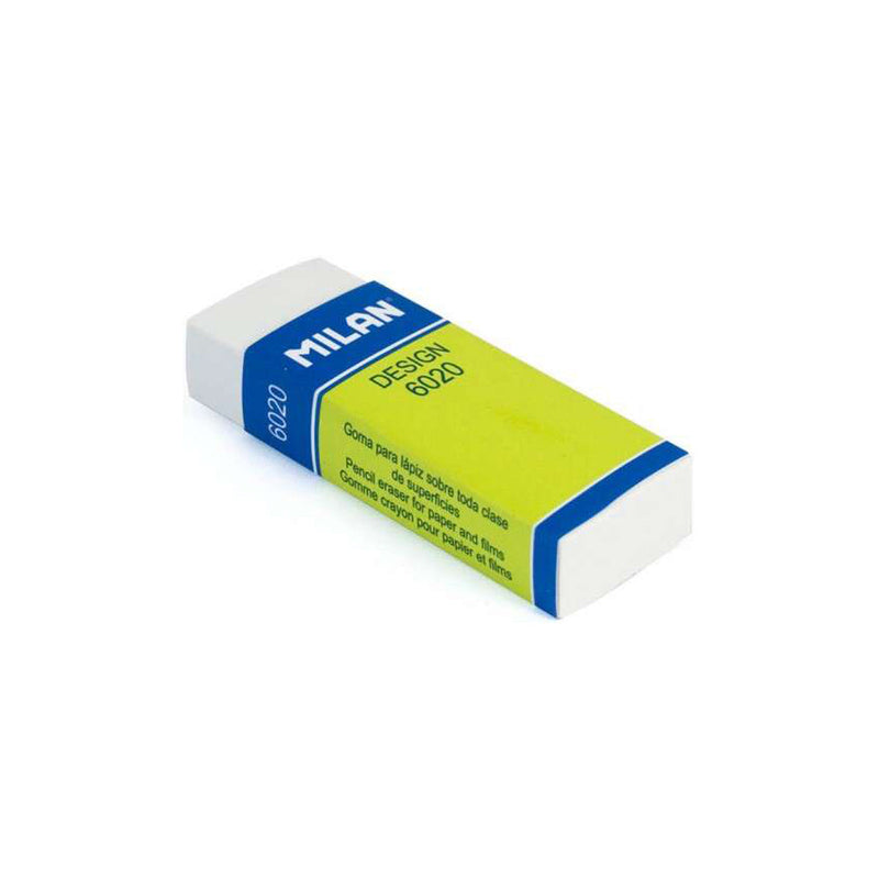 Milan Nata 6020 Goma de Borrar para Dibujo - Rectangular - Plastico - Faja de Carton Verde - Envuelta Individualmente - Color Blanco