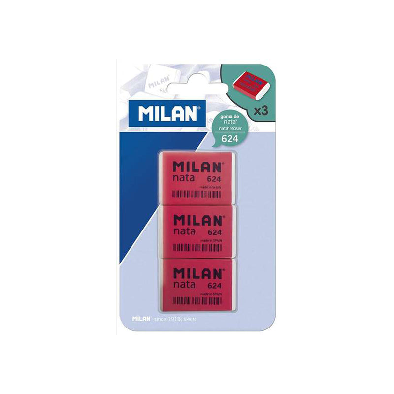 Milan Nata 624 Pack de 3 Gomas de Borrar Rectangulares - Plastico - Suave - No Abrasiva - Color Rojo/Blanco