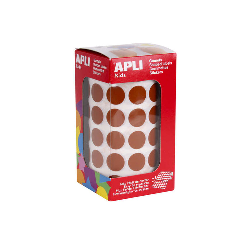 Apli Gomets Redondos Marron Permanentes - Ø 15mm - 59 Hojas Pretroqueladas - 2832 Gomets por Rollo - Ideal para Escuelas y Talleres Infantiles - Normas EN-71 y FSC Cumplidas