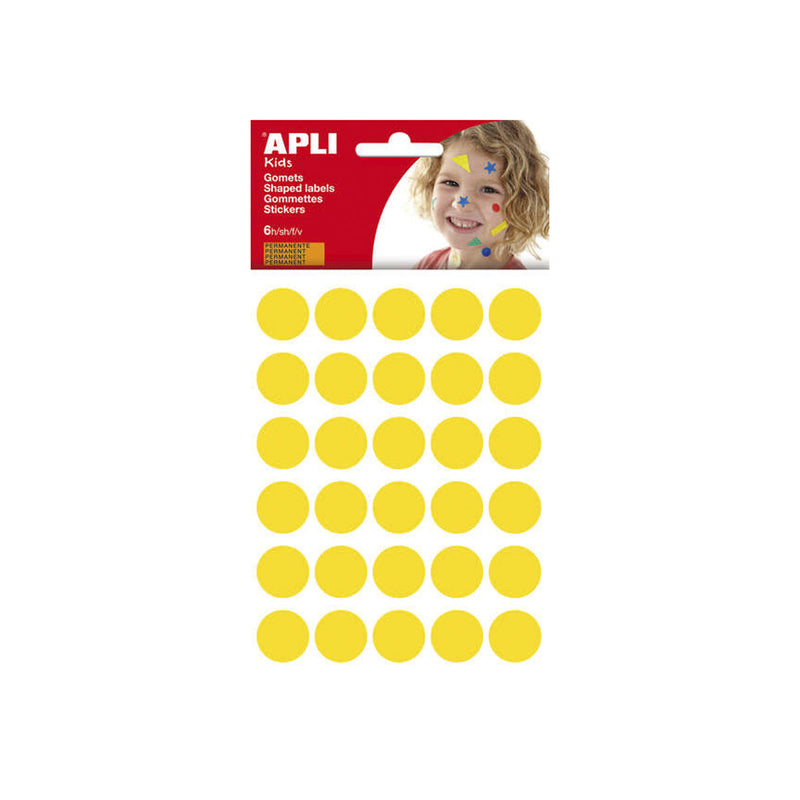 Apli Bolsa de 180 Gomets Redondos Ø 20mm - Adhesivo Permanente - Desarrollo de Habilidades y Creatividad - Ideal para Escuelas Infantiles - Color Amarillo
