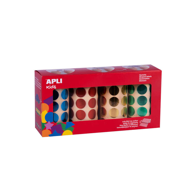 Apli Pack de 5.640 Gomets Redondos Ø 20mm - 4 Rollos de 1.410 Gomets - Adhesivo Permanente - Ideal para escuelas Infantiles y Colegios - Colores Metalizados Surtidos
