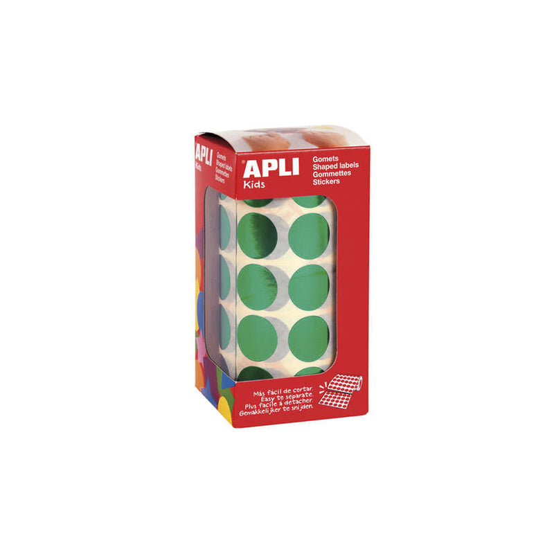 Apli Gomets Redondos Ø 20mm Verde Metalizado - 59 Hojas Pretroqueladas - Adhesivo Permanente - Normas EN-71 y FSC - Adhesivo Base Agua - Materiales Reciclables