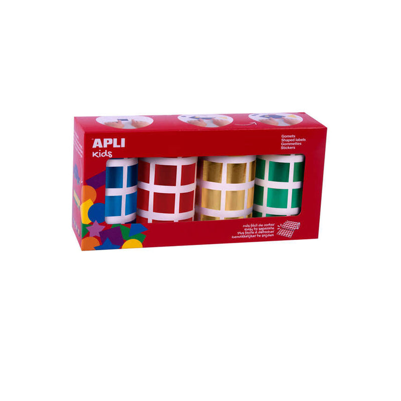 Apli Gomets Cuadrados Metalizados - Tamaño 20mm - Adhesivo Permanente - 4 Rollos con 5.640 Gomets en Colores Surtidos