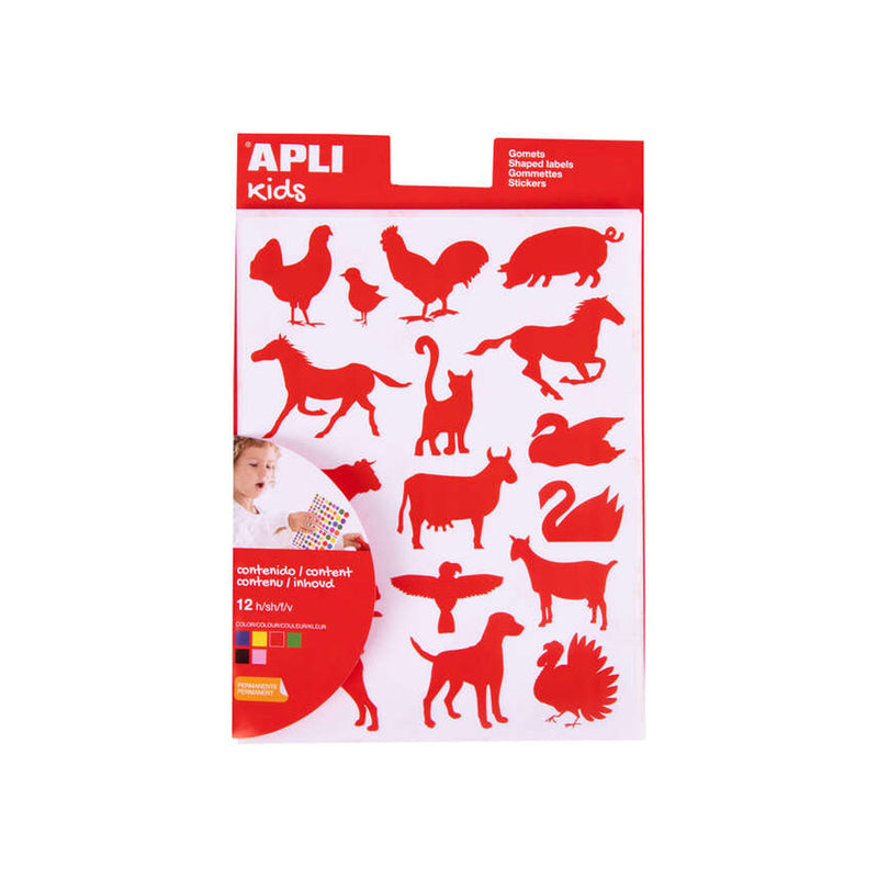 Apli Bolsa de Gomets de Adhesivo Permanente con Formas de Animales de Granja - 204 Gomets por Bolsa - Desarrolla la Psicomotricidad Fina y Cumple con Normas de Calidad y Seguridad