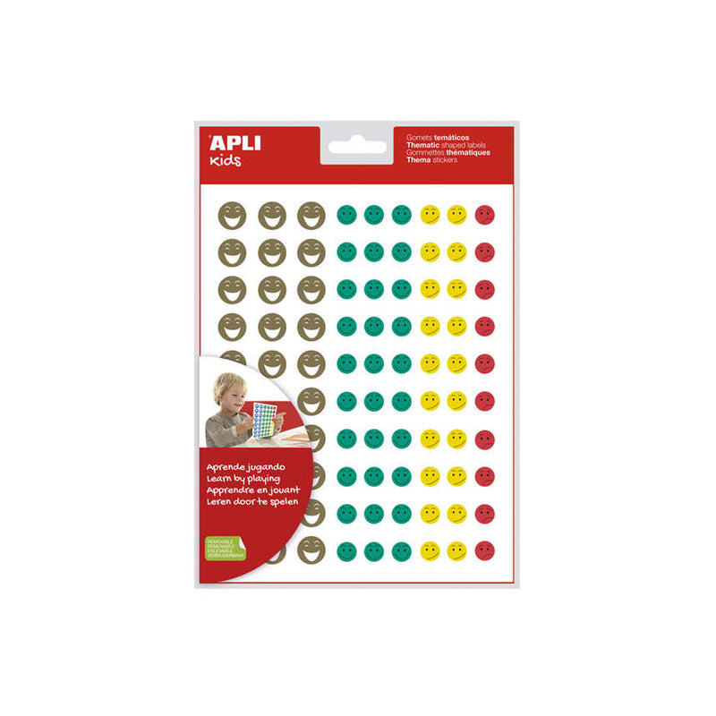 Apli Gomets Cara Feliz Mini - 4 Estilos de Cara Diferentes - 1080 Gomets por Bolsa - Adhesivo Removible - Motiva y Premia a los Niños - Normas de Calidad y Seguridad Cumplidas - Colorido