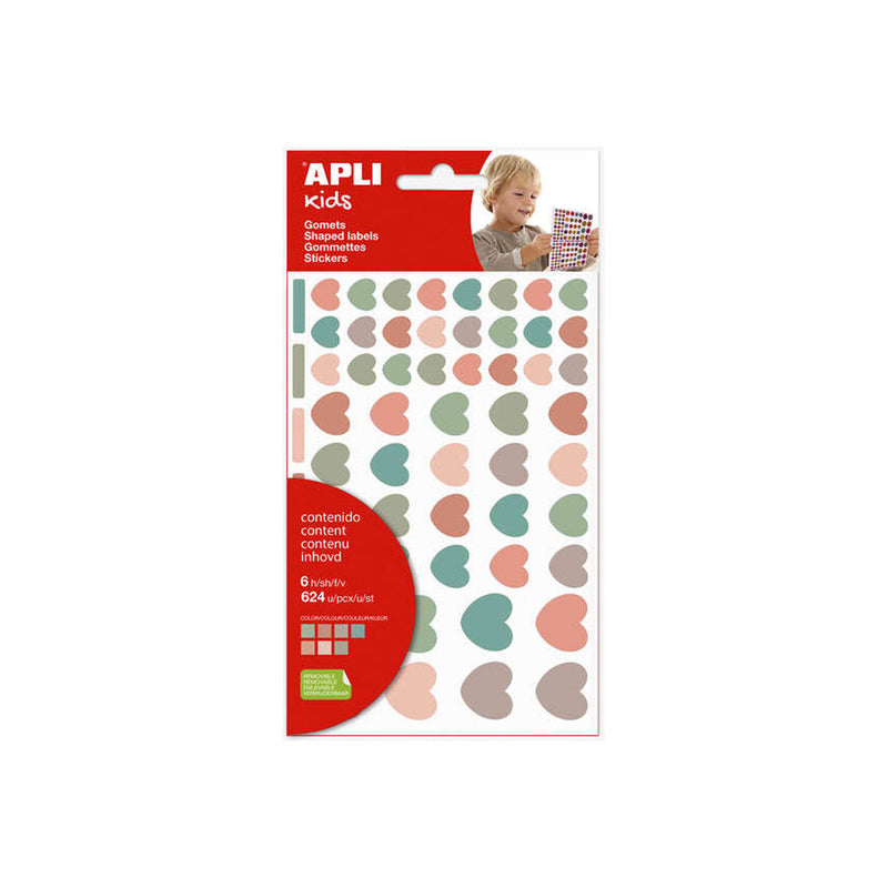 Apli Kids Bolsa de 624 Gomets Corazones Nordik - Adhesivo Removible - Tamaños y Colores Surtidos