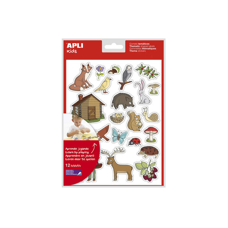 Apli Bolsa de Gomets Tematicos el Bosque - 276 Gomets en 12 Hojas - Adhesivo Removible - Ideal para Escuelas - Libre de Disolventes - Reciclable - Tematica de Animales y Objetos del Bosque Colorido