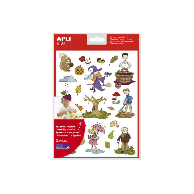 Apli Bolsa de Gomets Tematicos el Otoño - 72 Gomets en 3 Hojas - Adhesivo Removible - Ilustraciones Educativas - Adhesivo Base Agua - Libre de Disolventes - Coloridos