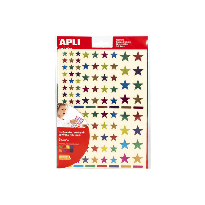 Apli Pack de 624 Gomets con Forma de Estrella - Adhesivo Removible - Acabado Metalizado - Ideales para Escuelas Infantiles - Desarrollo de Habilidades y Creatividad - Colores y Tamaños Surtidos