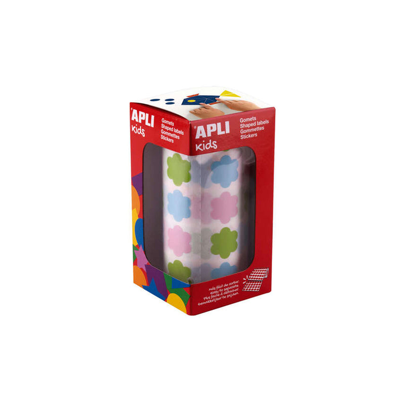 Apli Kids Rollo de 900 Gomets con Forma de Flor - Adhesivo Base Agua - Libre de Disolventes - Materiales 100% Reciclables - Colores Azul, Verde y Rosa Pastel