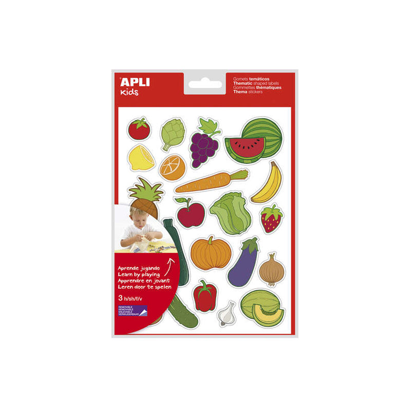 Apli Bolsa de Gomets Tematicos Frutas y Verduras - 69 Gomets - Adhesivo Removible - Ilustraciones Divertidas - Adhesivo Base Agua - Libre de Disolventes - Coloridos