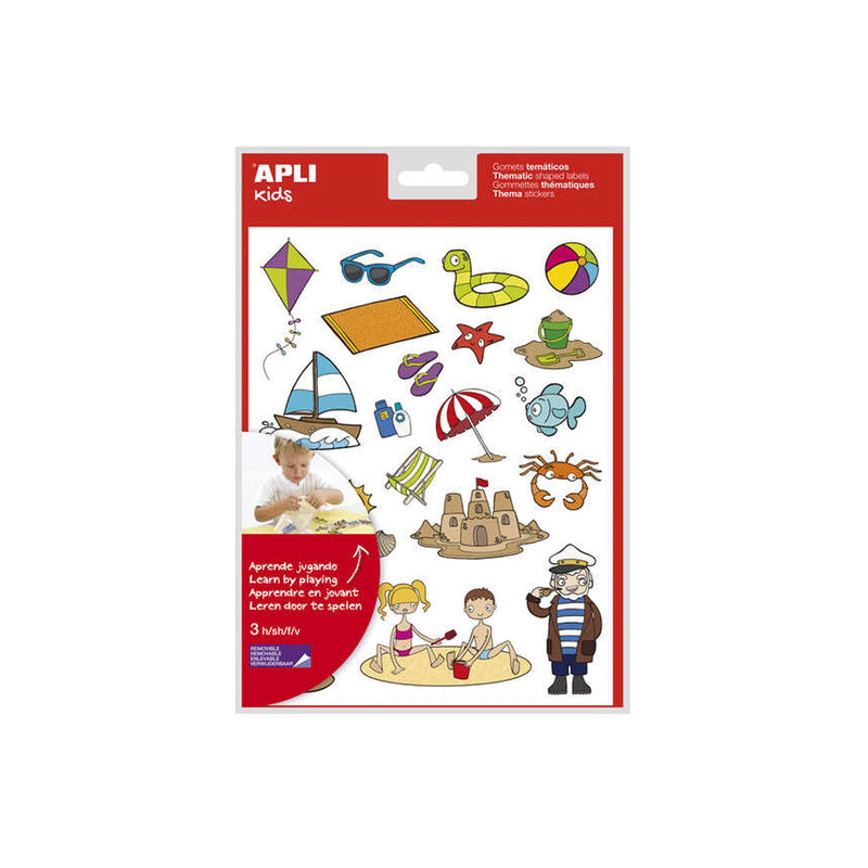 Apli Bolsa de Gomets Tematicos la Playa - 66 Gomets en 3 Hojas - Ilustraciones de Animales y Objetos de la Playa - Adhesivo Removible - Adhesivo Base Agua - Libre de Disolventes - Papeles ECF - Colorido