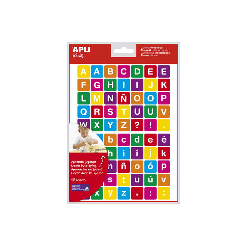 Apli Gomets Tematicos Letras - 12 Hojas (840 Gomets) - Adhesivo Removible - Ideal para Aprendizaje de Lectura y Escritura - Adhesivo Base Agua - Libre de Disolventes - Color Variado