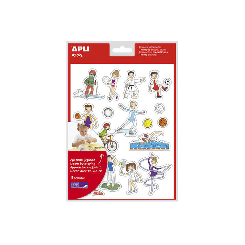 Apli Bolsa de Gomets Tematicos los Deportes - 51 Gomets en 3 Hojas - Ilustraciones Divertidas para Desarrollar Habilidades Motoras - Adhesivo Removible - Adhesivo Base Agua - Libre de Disolventes - Color Variado