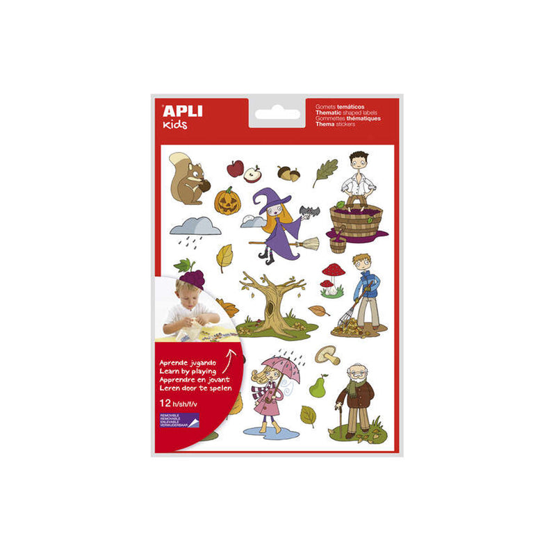 Apli Gomets Tematicos el Otoño - 12 Hojas (288 Gomets) - Adhesivo Removible - Ilustraciones Divertidas - Normas EN-71 y FSC - Adhesivo Base Agua - Libre de Disolventes - Papeles ECF - 100% Reciclables - Coloridos