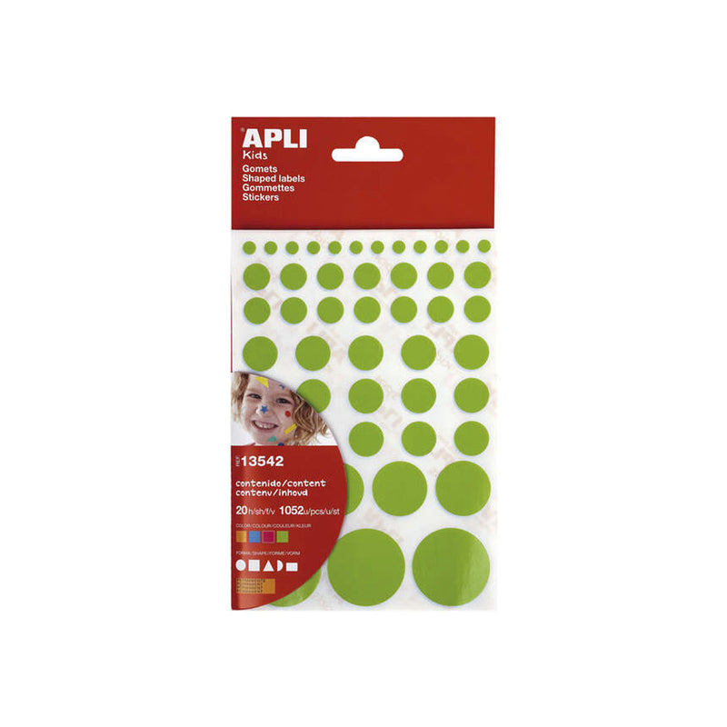 Apli Gomets Adhesivo Permanente - 1052 Gomets por Bolsa - Desarrollo de Habilidades Creativas y Psicomotrices - Cumple Normas EN-71 y FSC - Diferentes Formas y Tamaños - Colores Surtidos