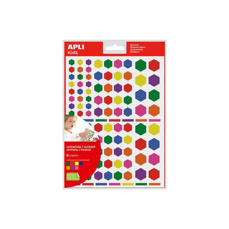 Apli Gomets Hexagonales Removibles - 3 Tamaños Surtidos - 624 Gomets por Bolsa - Desarrollo de Habilidades y Creatividad - Colores: Verde, Amarillo, Lila, Rojo, Naranja, Rosa y Azul