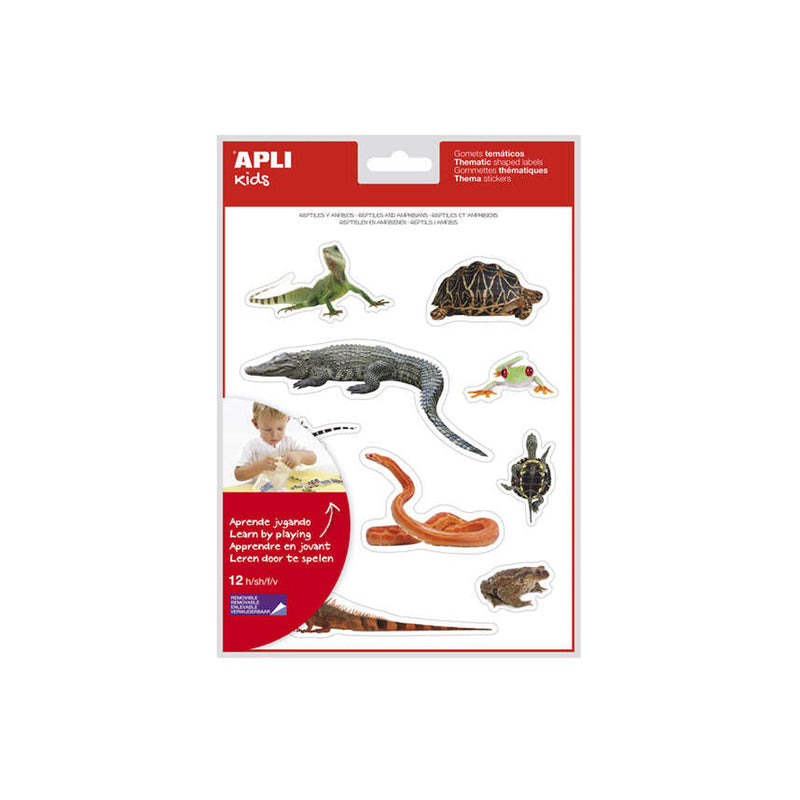 Apli Gomets Tematicos Realistas de Reptiles y Anfibios - 120 Gomets - Imagenes Realistas para Relacionar Animales - Adhesivo Removible - Ideal para Escuelas - Reciclables - Coloridos