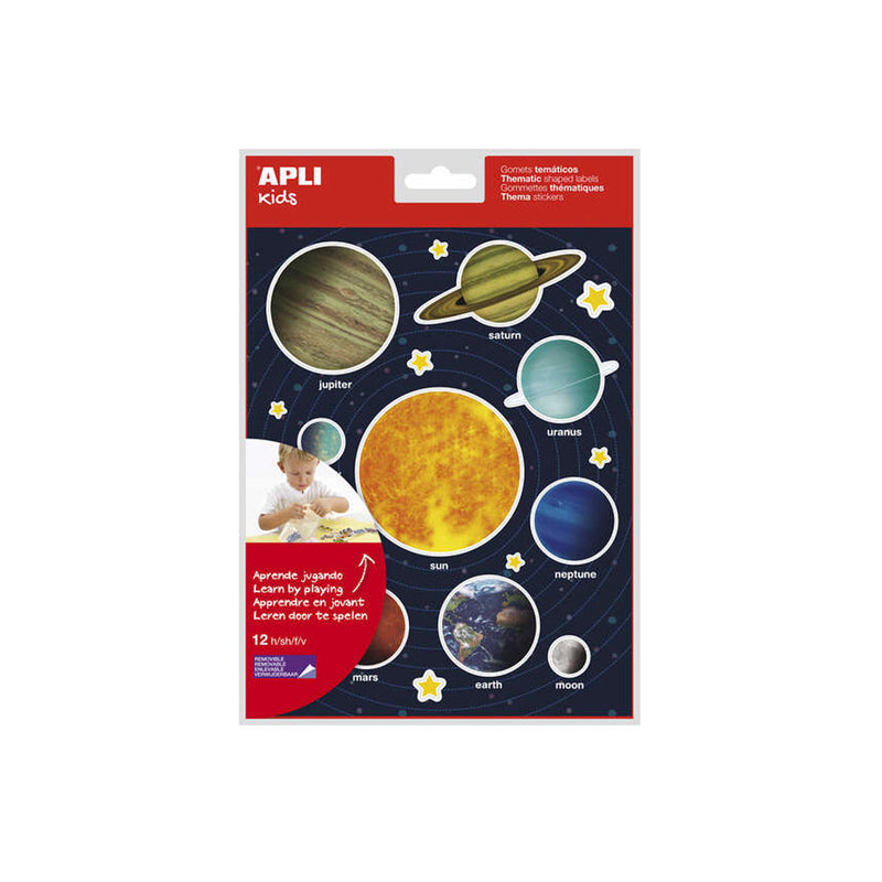 Apli Gomets Tematicos Sistema Solar - 240 Gomets en 12 Hojas - Adhesivo Removible - Ideal para Aprendizaje Visual y Habilidades Motoras - Adhesivo Base Agua - Libre de Disolventes - Coloridos