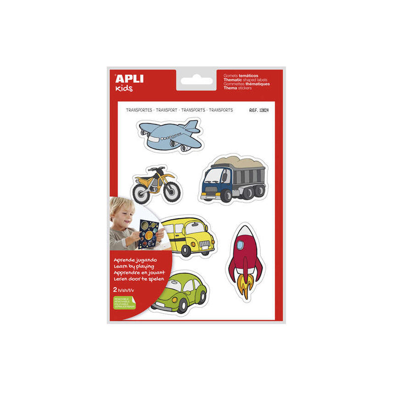 Apli Gomets Tematicos Transportes xL - 24 Gomets en 2 Hojas A4 - Ilustraciones de Medios de Transporte - Adhesivo Removible - Tamaño xL sin Borde - Adhesivo Base Agua - Libre de Disolventes - Colorido