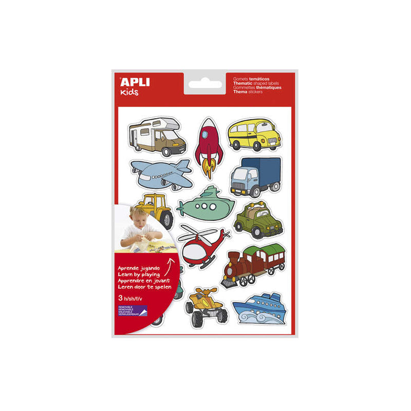 Apli Bolsa de Gomets Tematicos Transportes - 45 Gomets en 3 Hojas - Ilustraciones Divertidas para Enriquecer Vocabulario y Habilidades Motoras - Adhesivo Removible - Adhesivo Base Agua - Libre de Disolventes - Colorido