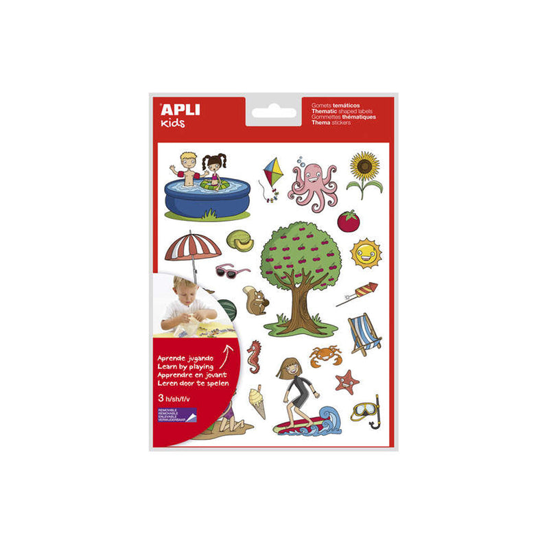 Apli Gomets Tematicos el Verano - 72 Gomets en 3 Hojas - Ilustraciones Educativas de Objetos y Animales Veraniegos - Adhesivo Removible - Adhesivo Base Agua - Libre de Disolventes - Coloridos