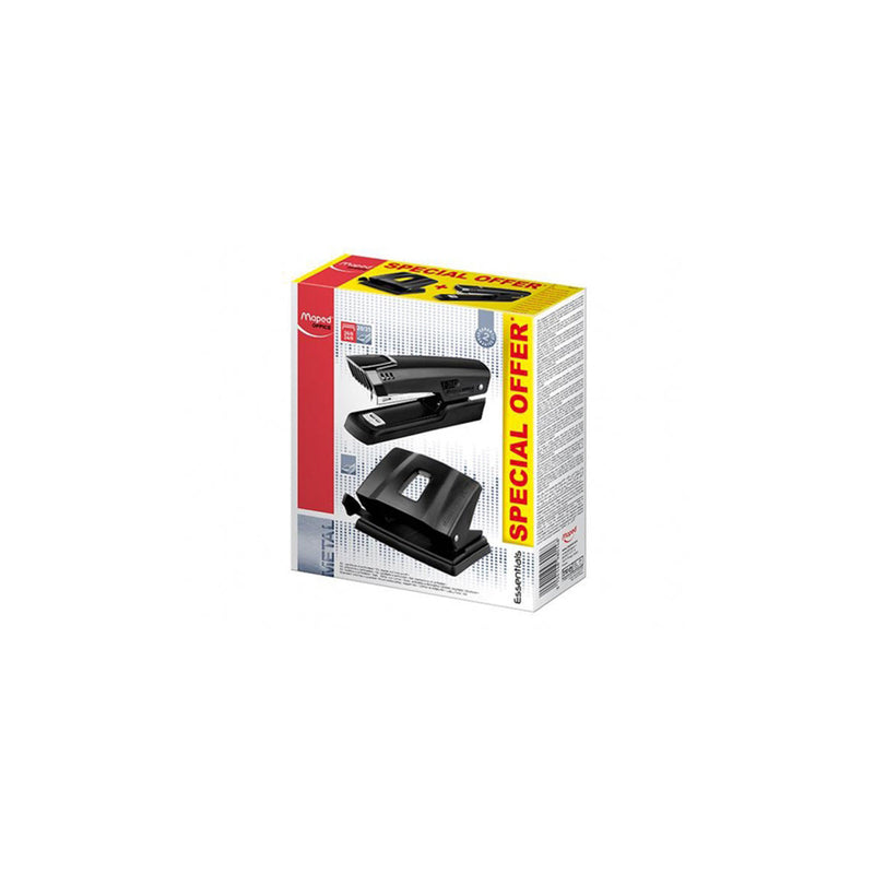 Maped Essentials Metal Pack de Grapadora Metalica E3543 + Taladro Metalico E4024 - Grapa hasta 25 Hojas a la Vez - Admite Grapas 24/6 y 26/6 - Perfora hasta 25 Hojas - Color Negro