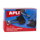 Apli Caja de 12 Pinzas Abatibles 20x41mm - Sujecion hasta 170 Hojas - Clips de Acero Templado en Negro - Asas en Niquel