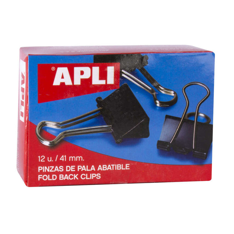 Apli Caja de 12 Pinzas Abatibles 20x41mm - Sujecion hasta 170 Hojas - Clips de Acero Templado en Negro - Asas en Niquel