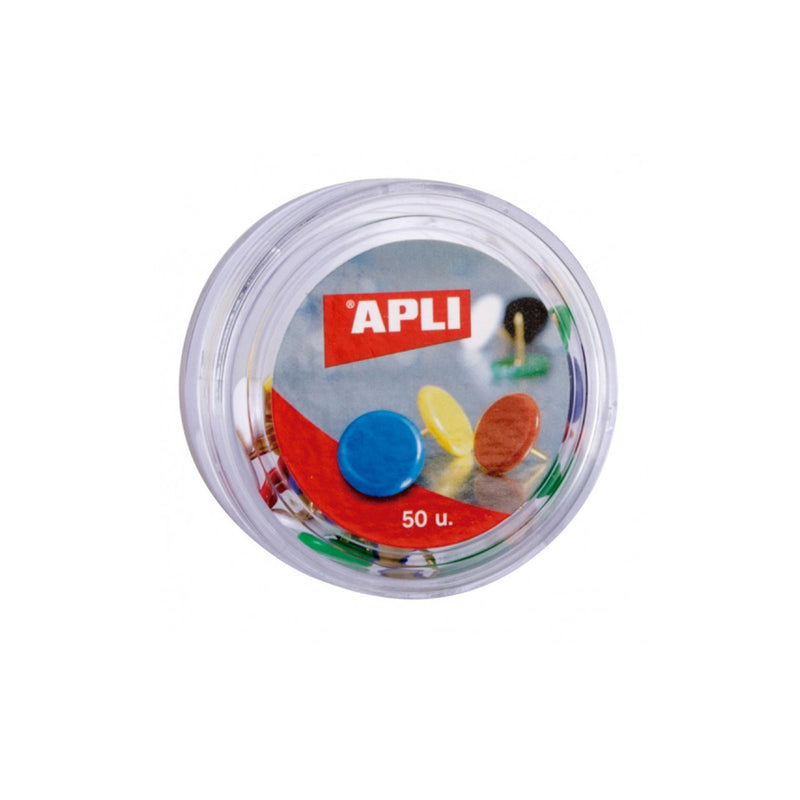 Apli Caja de 50 Chinchetas Niqueladas con Cabezal de Plastico - Cabeza Redondeada - Puntas Afiladas - Colores Surtidos